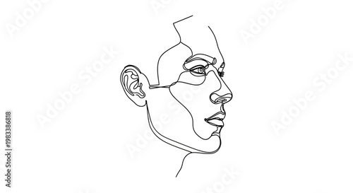 Minimalist black line drawing of a profile, featuring a woman's ear, eye, nose, and lips