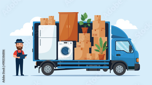Professional mover stands next to a blue delivery truck fully loaded with household furniture, appliances, and cardboard boxes.
