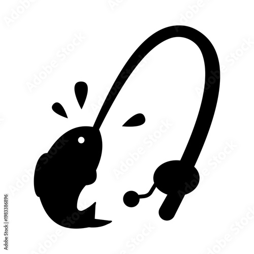Black Fishing Pole and Fish Icon on White Background – Minimalist Fishing Sport Vector Illustration