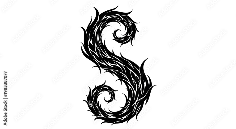 Fototapeta premium Ornamental tribal gothic letter S illustration with sharp jagged edges and swirling floral-inspired thorns on white background