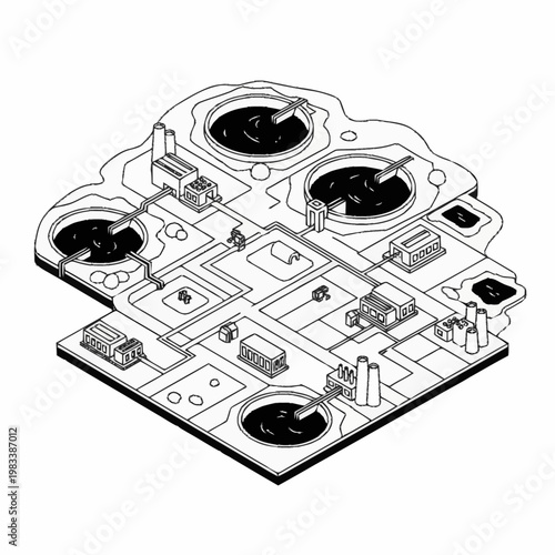 Quadro em tela Isometric illustration of a water treatment plant with large circular tanks and industrial buildings, connected by pipes