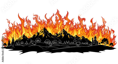 Vector Illustration of a Raging Wildfire Consuming a Mountainous Landscape with Silhouetted Village and Trees on White Background