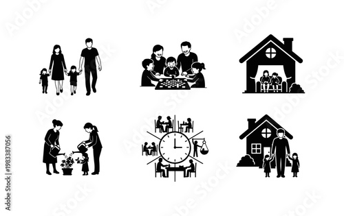 Family activities: parenthood and home life silhouettes