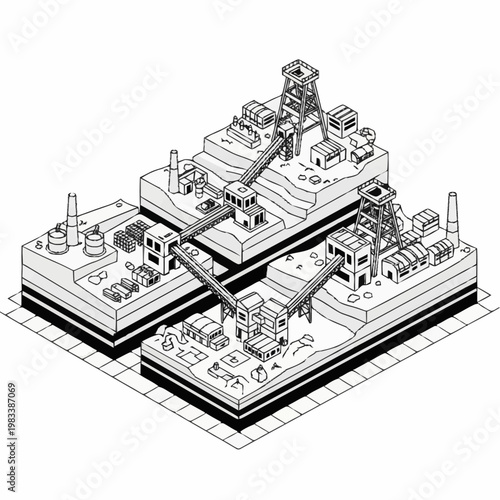 Isometric illustration of a mining operation with multiple shafts and processing facilities.