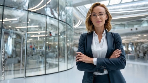 Confident Leader: A composed businesswoman stands at the forefront, exuding confidence and poise in a modern architectural space.