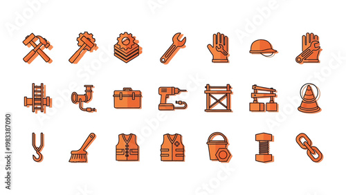 Construction Icons Collection: A vibrant compilation of essential construction tools and equipment icons, artfully designed for easy use in projects. Featuring hammer, wrench, gears.
