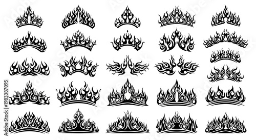 Set of black tribal flame crown designs and fire tattoo vectors isolated on white background.
