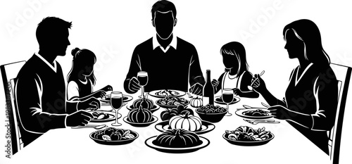 Family dinner time silhouette vector.
