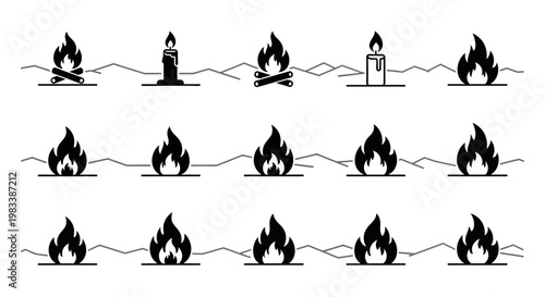 Minimalist Fire and Flame Icon Set with Bonfires, Candles, and Mountains in Black and White Silhouette Style