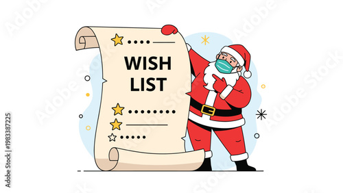 Santa Claus wearing a protective face mask points to a long paper scroll titled wish list during a modern holiday season.