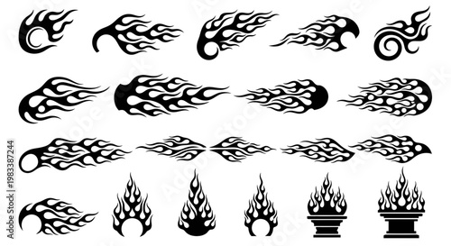 Set of Black and White Fire Flame Silhouette Vector Illustrations for Automotive Decals and Tribal Graphic Designs