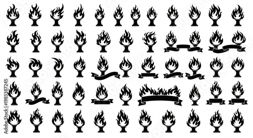 Large Collection of Torch Silhouette Icons with Flames and Ribbons in Black and White