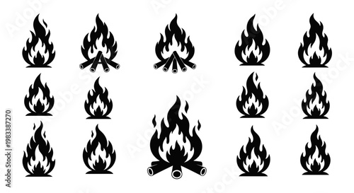 Collection of Black Campfire and Flame Silhouette Icons Isolated on White Background for Design and Camping Concepts