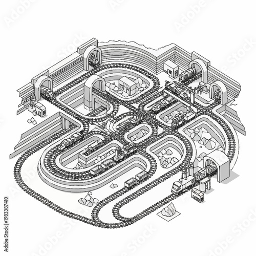 Complex toy train set with multiple tracks, tunnels, bridges, and trains, depicted in a detailed isometric line drawing.