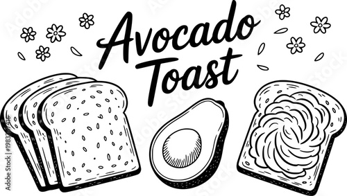 Hand drawn avocado toast with slices of bread and flowers, isolated white background