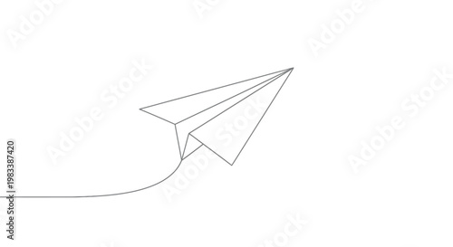 Minimalist grey line drawing of a paper airplane taking flight