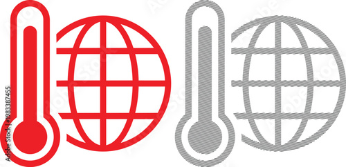Red thermometer and globe illustration indicating global warming.