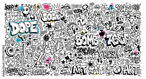 Vibrant Black and White Graffiti Wall with Doodles, Street Art Icons, and Colorful Paint Splashes Urban Background