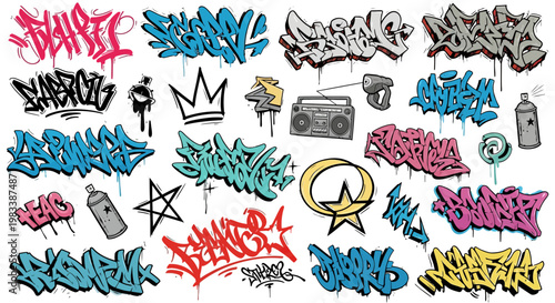 Collection of colorful graffiti tags and street art elements including spray cans and boombox on white background