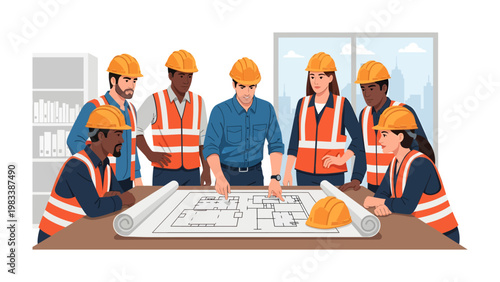 Construction Team Planning: A team of construction professionals gathers around a blueprint, engaged in focused collaboration to bring a vision to life. The scene exudes expertise and dedication.