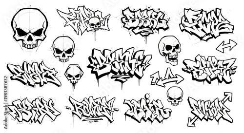 Collection of Hand Drawn Black and White Graffiti Lettering Sketches and Stylized Urban Skull Illustrations