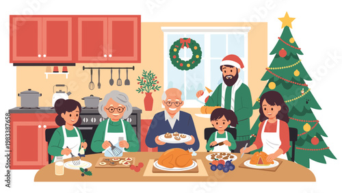 Large multi-generational family enjoys a festive Christmas dinner together in a decorated kitchen with a beautiful tree.