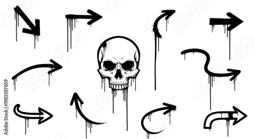 Graffiti Style Collection of Dripping Skull and Directional Arrows Vector Illustration Set in Black and White