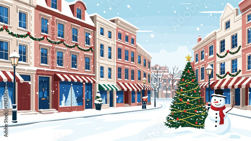 Charming city street is covered in winter snow and decorated for Christmas with a large lit tree, snowman, and garlands.