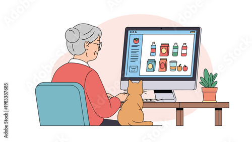 Senior woman sits at her desk with her orange cat to browse a grocery shopping website and order supplies on her computer.