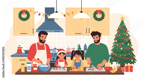 Happy multi-generational family with two fathers and daughters preparing a festive meal in a decorated kitchen for Christmas.