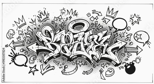 Hand-drawn black and white graffiti wildstyle art sketch featuring letters, arrows, crowns, stars, and a cartoon bomb.