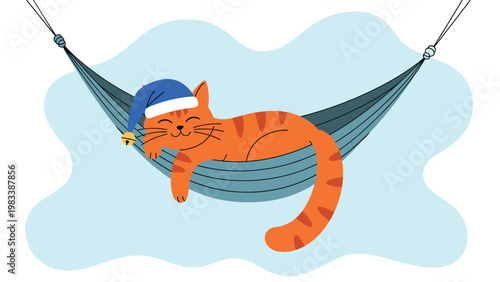 Adorable orange tabby cat wearing a blue Santa hat sleeping peacefully in a comfortable hammock against a blue background.