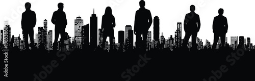 Group of people standing in front of a city skyline, black vector silhouettes of men and women with metropolitan cityscape background isolated on white.