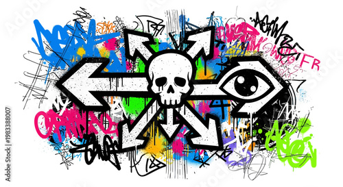 Urban Graffiti Art with Skull, Chaos Arrows, and Eye Design Isolated on a White Background with Colorful Spray Splatters