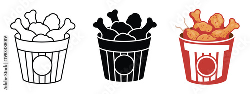 Fried chicken bucket meal vector icon set, line and glyph solid style icons with logo template, clipart and sticker design collection, fast food restaurant and delivery symbols.