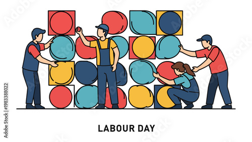 Harmony of Labour: A team of skilled individuals collaboratively construct a geometric design, symbolizing the collective effort and solidarity inherent in the world of work. Celebrating Labor Day.