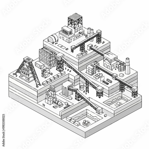 Isometric illustration of an industrial mining complex with cranes, buildings, and excavation sites.