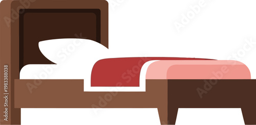 Brown wooden bed with red and pink blanket and pillow