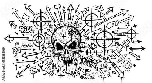 Hand-drawn black ink graffiti art featuring a central skull surrounded by chaotic arrows, targets, and street art symbols