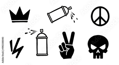 Set of black graffiti spray paint stencils including crown skull peace sign and paint cans on white background