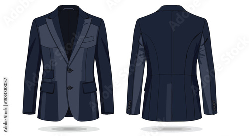 A meticulously crafted vector illustration of a modern men's dark navy blazer, showcasing both its detailed front and sleek rear profiles, ideal for