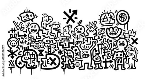 Monochrome Graffiti Style Mural with Hand Drawn Cartoon Characters and Abstract Symbols on a White Background