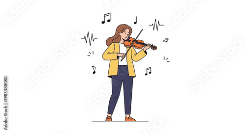 Woman playing a violin with musical notes.