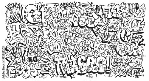 Intricate Hand-Drawn Graffiti Background with Urban Tags and Creative Street Art Symbols in Black and White