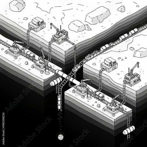 Isometric illustration of an industrial mining operation with conveyor belts and cranes extracting resources from the earth.