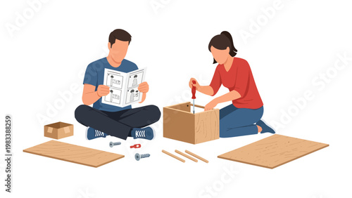 DIY Furniture Assembly: A couple collaborates on a do-it-yourself furniture project, engrossed in the assembly process, embodying teamwork and domesticity.