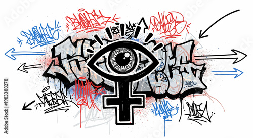 Graffiti Art with Female Venus Symbol and Eye Illustration on White Background with Colorful Tags and Spray Splatters