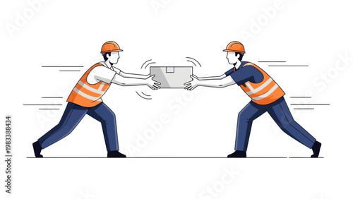 Collaborative Package Delivery: Two diligent workers engaged in a synchronized transfer of a package, embodying precision and teamwork in the realm of logistics and distribution.