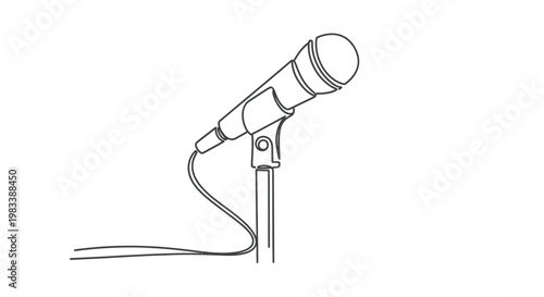 Single line drawing of a microphone on a stand with a cord