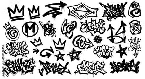 Collection of black and white graffiti tags throw-ups and urban street art symbols isolated on white background.